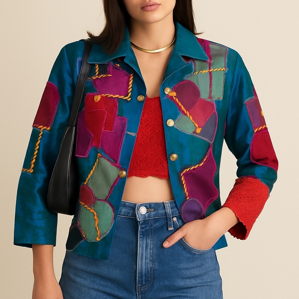 Bleu Bayou Silk Patchwork Blazer Jacket M Colorful Rare Fairycore Artsy Unique